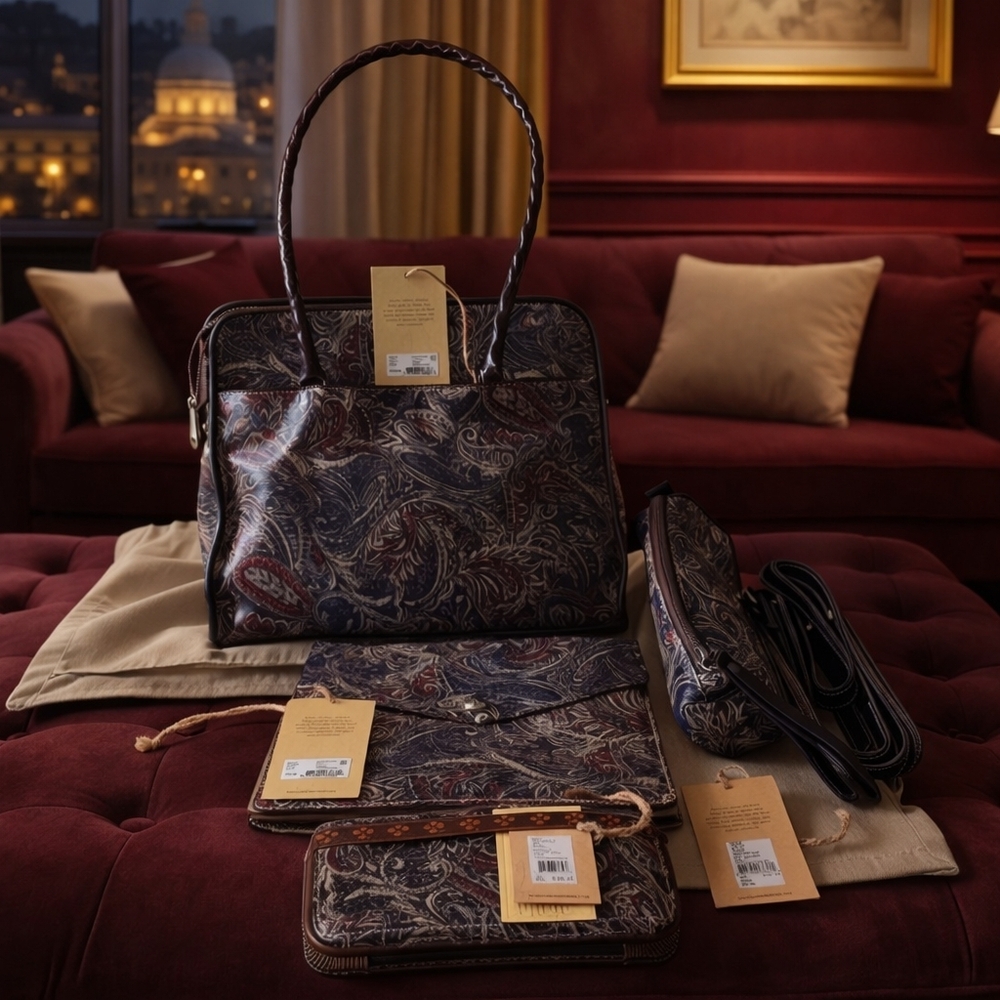 Patricia Nash PAISLEY Bundle Set Satchel + Wallet + iPad Case + Wristlet Navy EU